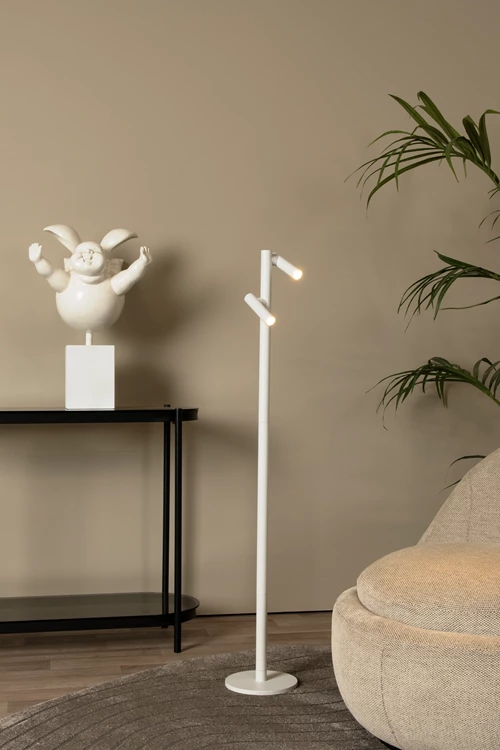 Lucide ANTRIM - Lampadaire / lampe de lecture Rechargeable Intérieur/Extérieur - Batterie/Piles - LED Dim. - 2x2,2W 2700K - IP54 - Avec station de charge sans fil - Blanc - ambiance 1